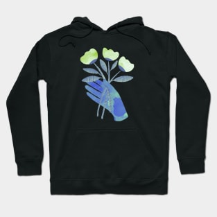 Blue hand with green flowers for you on black background Hoodie